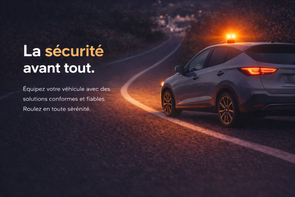 Véhicule équipé d’un gyrophare V16 sur une route de nuit pour signalisation d’urgence et sécurité automobile