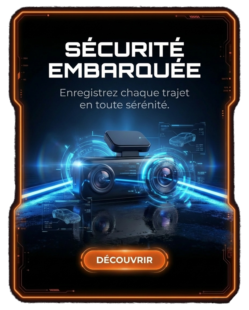 Dashcam double objectif avec affichage numérique futuriste pour sécurité embarquée automobile