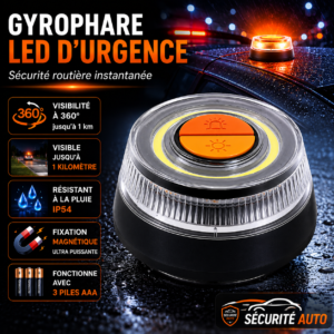 Gyrophare LED d'urgence magnétique pour voiture, visibilité 360°, portée jusqu'à 1 km, résistant à la pluie IP54.