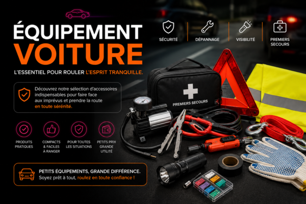 Équipement voiture avec trousse de secours, compresseur, triangle de signalisation, lampe torche, gants, câble de remorquage et accessoires de sécurité routière.
