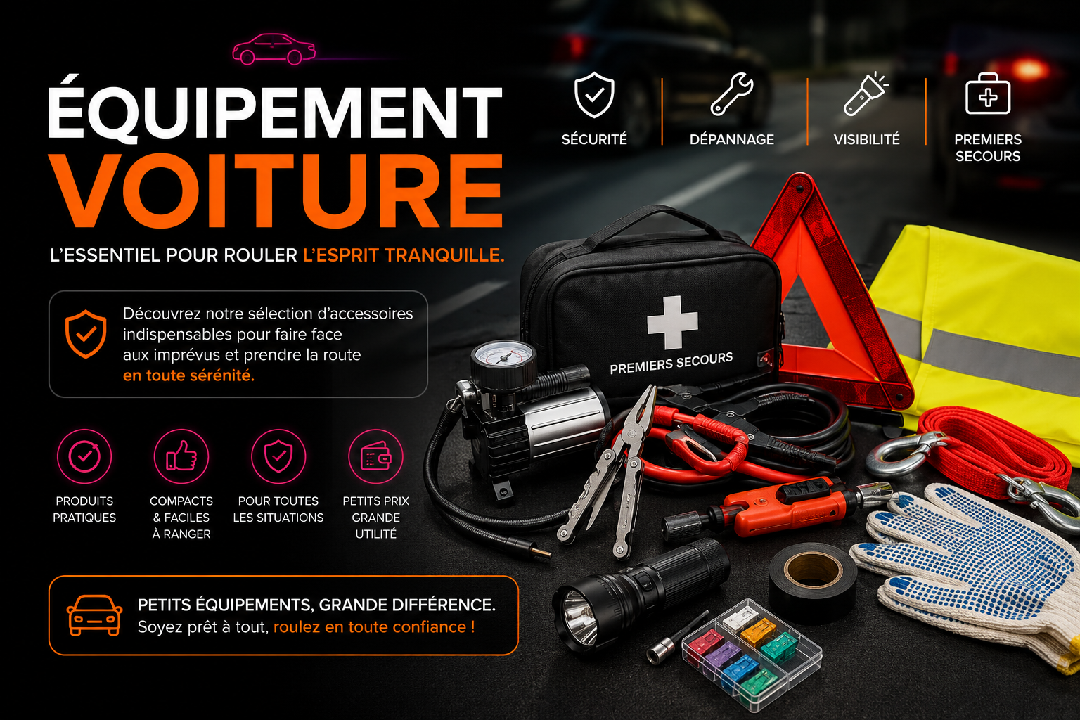 Équipement voiture avec trousse de secours, compresseur, triangle de signalisation, lampe torche, gants, câble de remorquage et accessoires de sécurité routière.