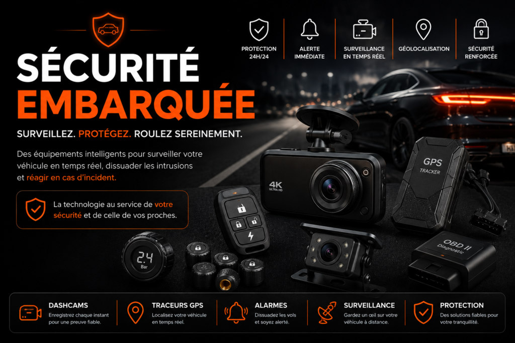 Sécurité embarquée avec dashcam, traceur GPS, caméra de recul, boîtier OBD, télécommande d'alarme et capteurs de surveillance automobile.