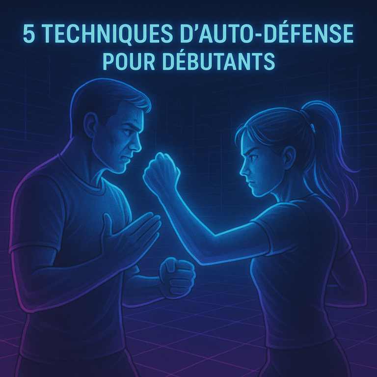 Illustration néon du guide : 5 techniques d’auto-défense pour débutants.