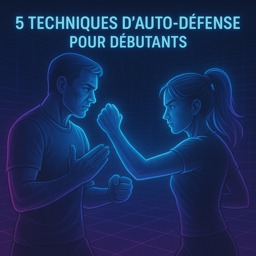 Illustration néon du guide : 5 techniques d’auto-défense pour débutants.