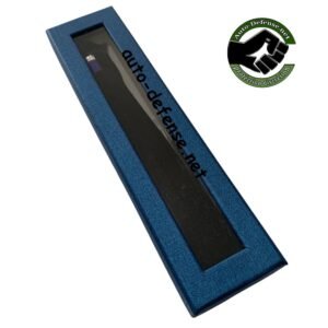 Stylo couteau bleu fermé dans une boîte – autodéfense pratique, élégante et discrète