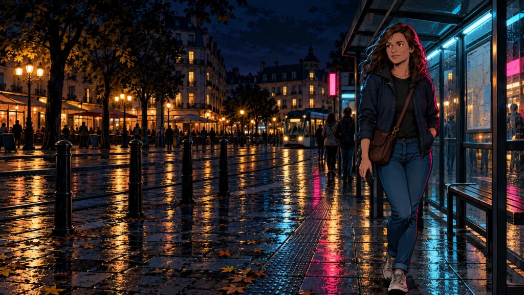 Illustration BD d’une femme attendant près d’un arrêt de tramway en soirée