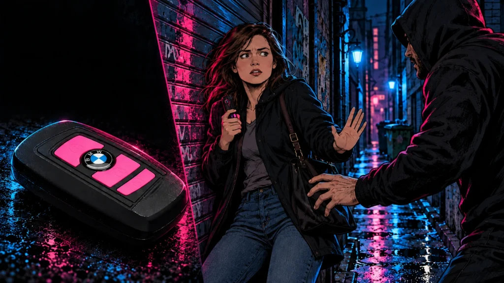 Femme menacée dans une ruelle, avec appareil électrique au format clé, illustration BD.