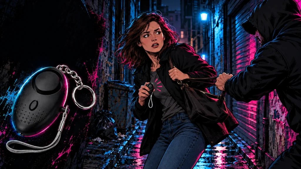 Tentative de vol de sac dans une ruelle sombre, femme tenant une alarme personnelle, illustration BD.