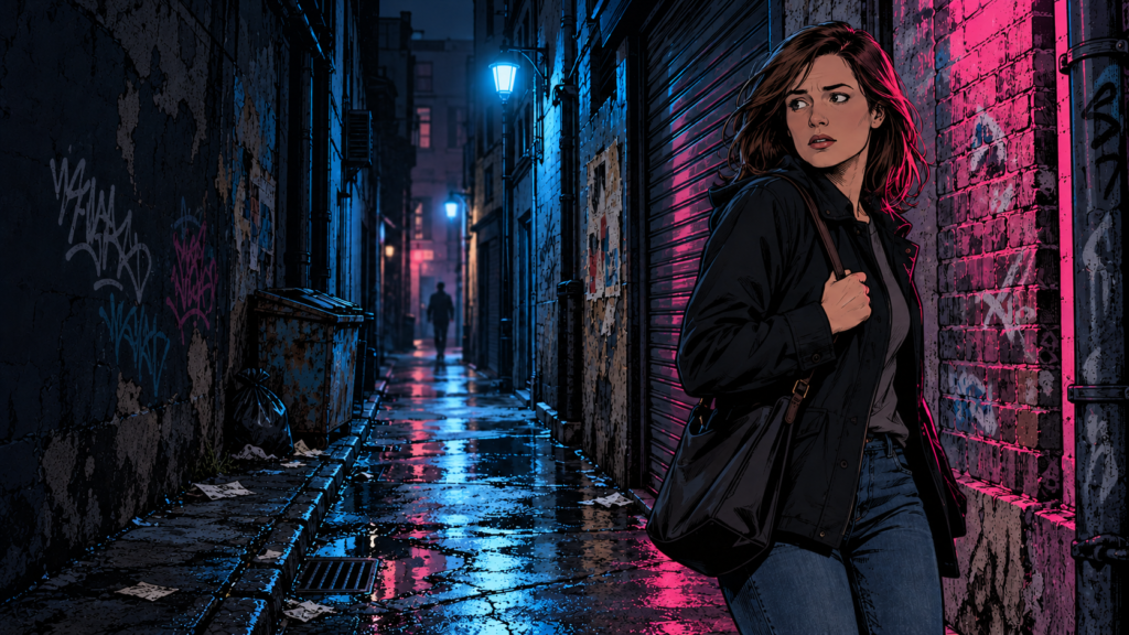 Illustration BD d’une femme vigilante dans une ruelle sombre aux néons roses et bleus