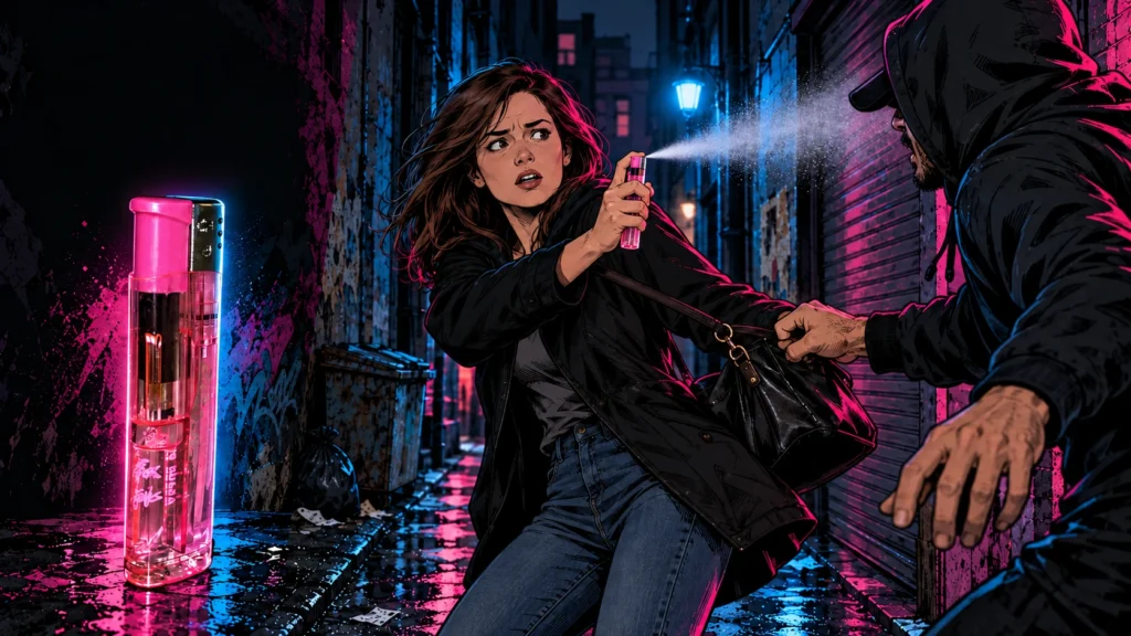 Tentative de vol de sac et spray au poivre visible, illustration BD.