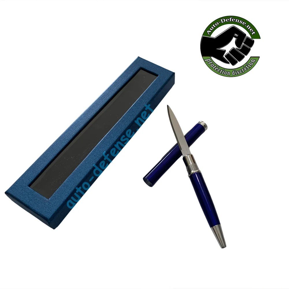 Stylo couteau bleu avec lame sortie – discret et pratique auto-defense.net