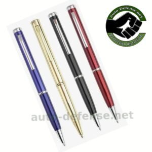 Quatre stylos bleu, or, rouge, noir. qui cache un couteau dans le manche