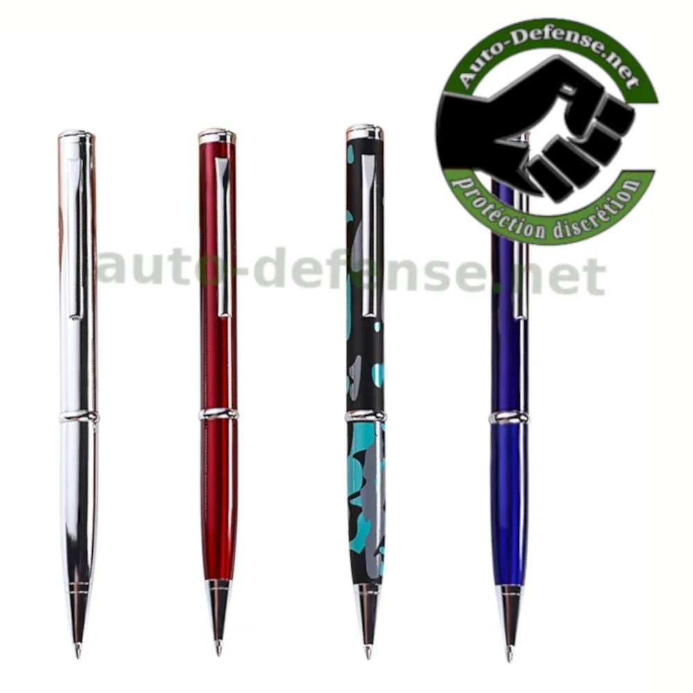 Quatre stylos bleu, argenté, rouge, motifs noir et vert. qui cache un couteau dans le manche
