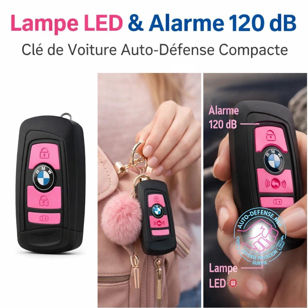 Utilisation discrète du système lampe-alarme clé voiture dans la main et dans un porte clé - Protection Auto-Defense.net