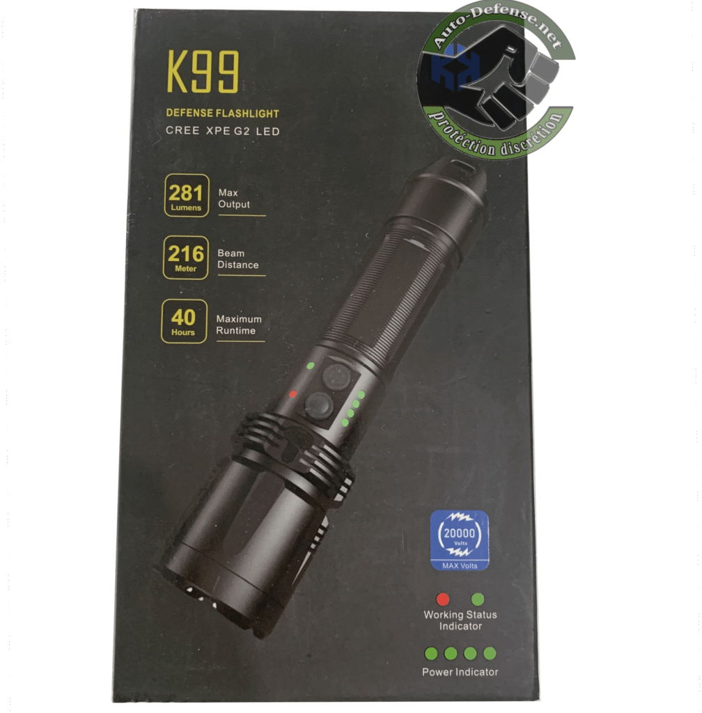 Lampe de poche auto-défense haut de gamme avec fonction taser, équipée de 4 LED indicatrices de batterie, boutons séparés pour l'éclairage et le taser, livrée avec étui de transport, sangle et câble de recharge USB