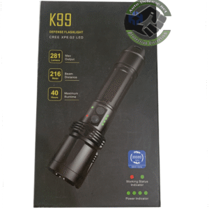 Lampe de poche auto-défense haut de gamme avec fonction taser, équipée de 4 LED indicatrices de batterie, boutons séparés pour l'éclairage et le taser, livrée avec étui de transport, sangle et câble de recharge USB