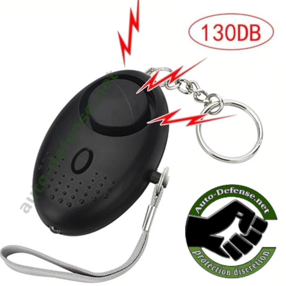 Porte-clés de sécurité avec alarme puissante et éclairage LED intégré, couleur noir.