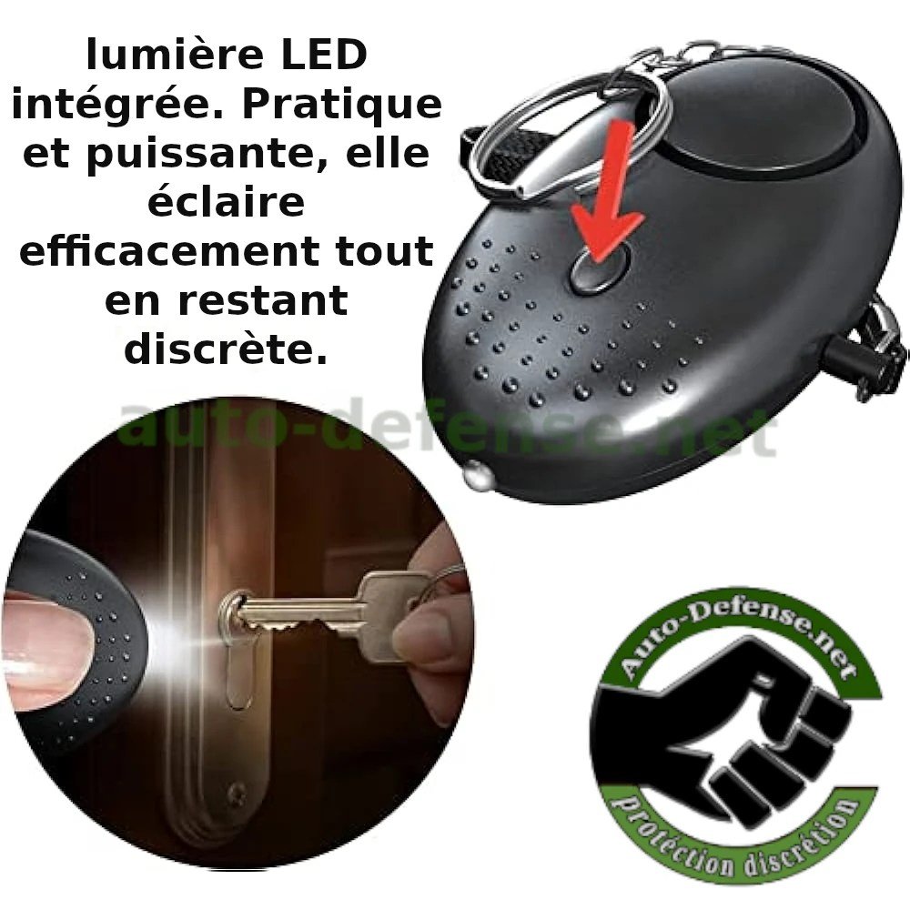 Porte-clés de sécurité avec alarme puissante de 130 db et éclairage LED intégré, idéal pour trouver le trou de la serrure en plaine nuit.