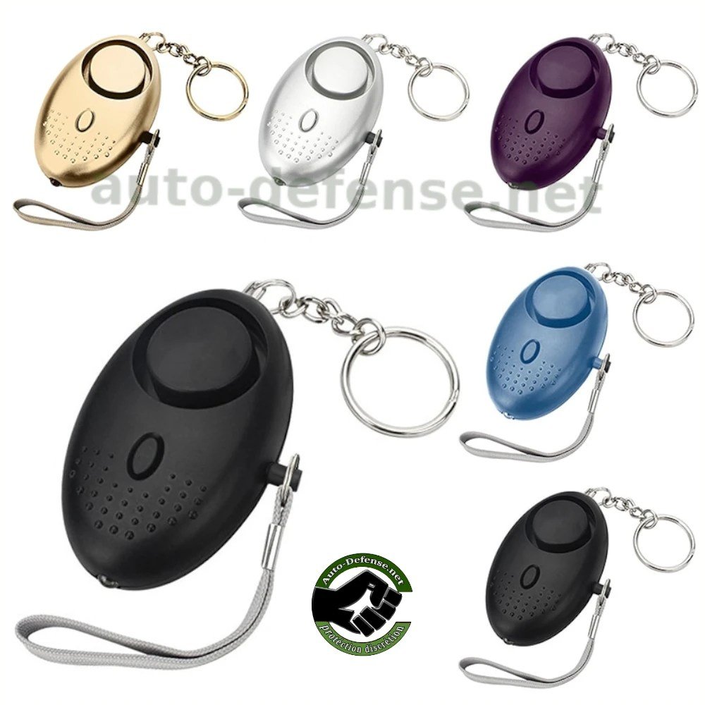 Porte-clés de sécurité avec alarme puissante et éclairage LED plusieurs couleurs disponible.
