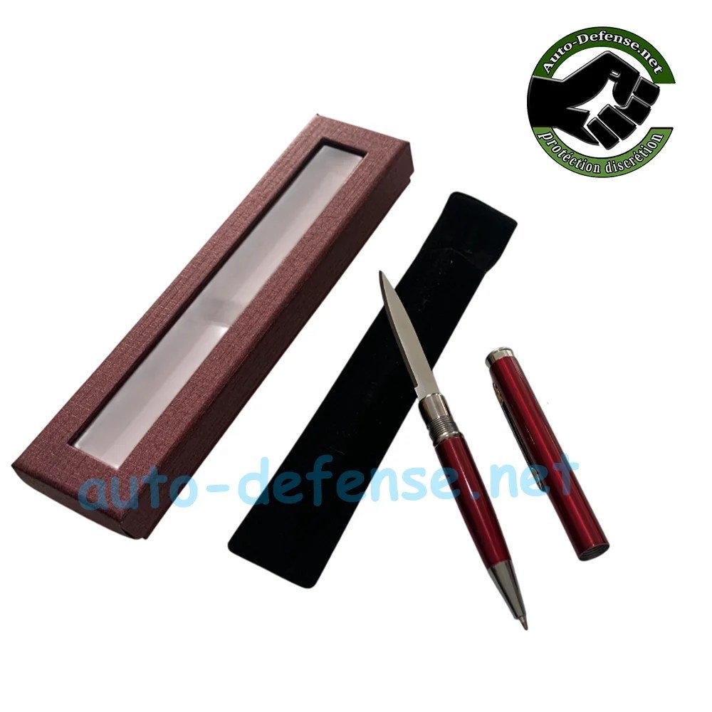 Stylo couteau rouge avec lame sortie – discret et pratique auto-defense.net