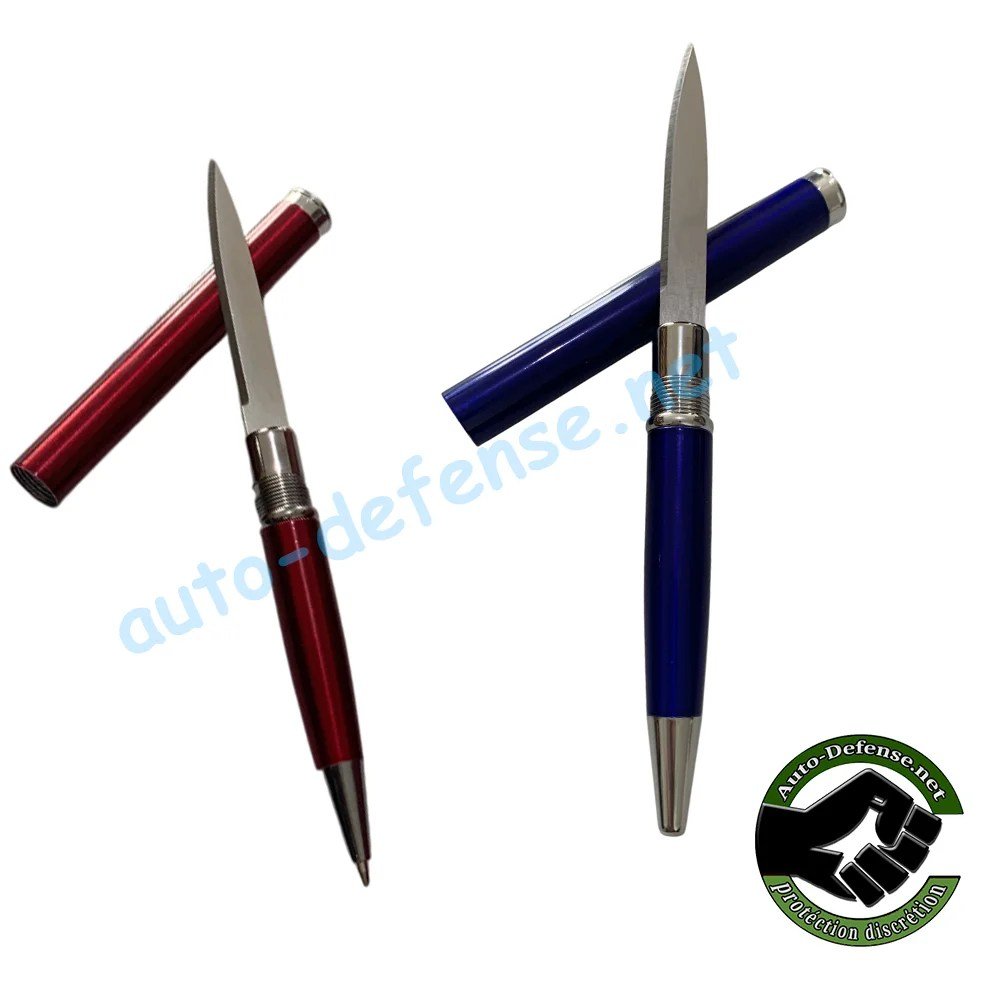 Stylo couteau bleu ou rouge avec lame sortie – discret et pratique autodefense.net